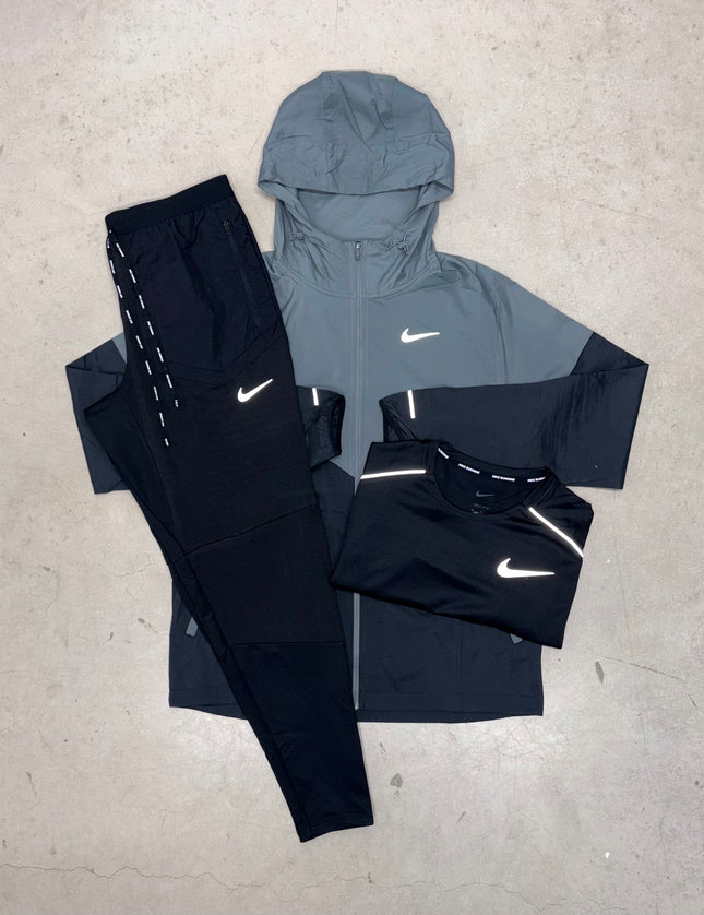 Nike Black/Grey Windrunner Jacket x Phenom Elite x Black Miler T-Shirt Bundle