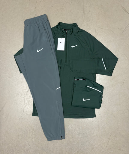 Nike Camo Green Dri-Fit Miler Q-Zip Matching Full Bundle x Nike Grey Miler Challenger Pants