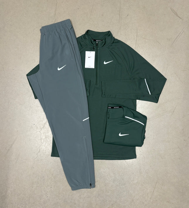 Nike Camo Green Dri-Fit Miler Q-Zip Matching Full Bundle x Nike Grey Miler Challenger Pants